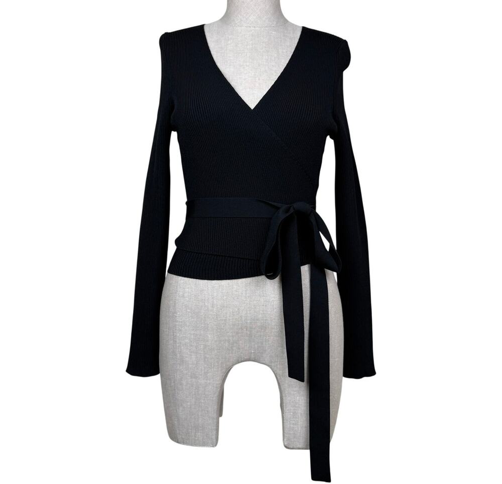 525 Black Ribbed Wrap Sweater Long Sleeve Minimalist Balletcore Size S